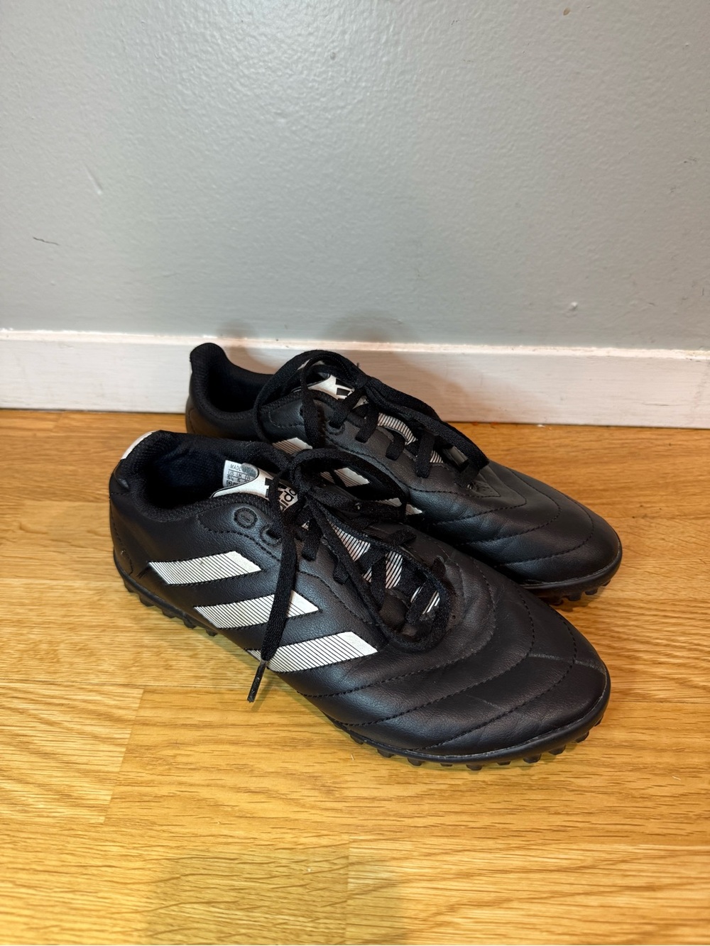 adidas Men's 5.5: Black Goletto Soccer Turf Shoes with White Stripes